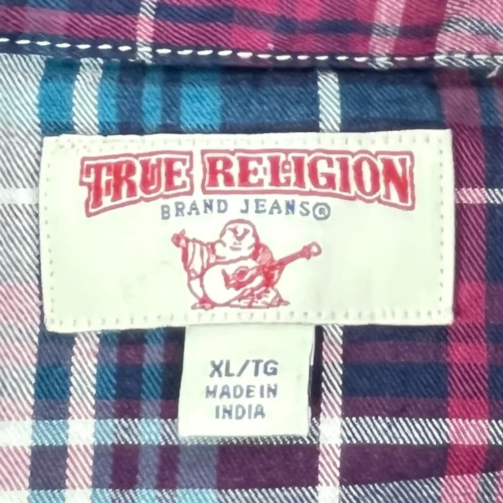 True Religion Mens‎ XL Plaid Western Pearl Snap Shirt Red Blue